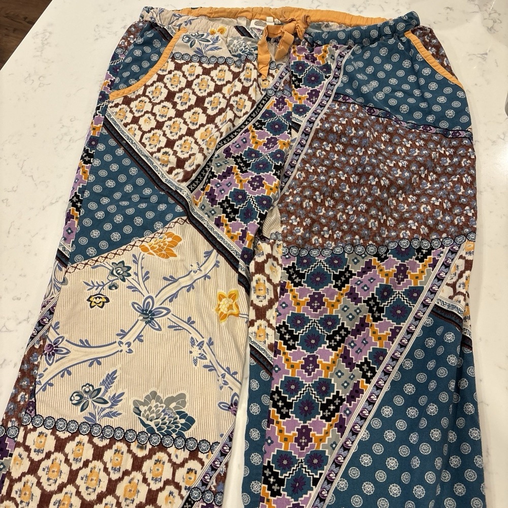 LILKA Anthropologie Wide Leg Pants Blue Purple Orange Floral Design SZ LG